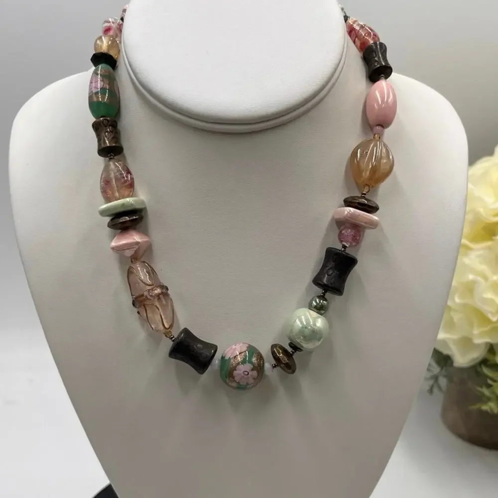 Jay Strongwater Vintage Pink Brown Greek Glass Floral Beaded Boho‎ Necklace new